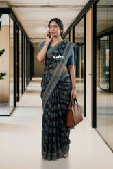 Nightfall Black - Pure Kota Doriya with Bagru Printed Saree - Perfect for Office Wear | Casual Wear | Summer Wear