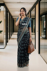 Nightfall Black - Pure Kota Doriya with Bagru Printed Saree - Perfect for Office Wear | Casual Wear | Summer Wear
