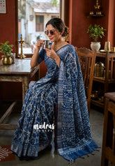 Indigo Blue-D5 - Pure Linen Cotton Saree with Silver Tissue Border - Perfect for Office Wear | Casual Wear | Summer