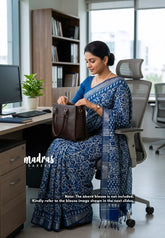 Indigo Blue-D2 - Pure Linen Cotton Saree with Silver Tissue Border - Perfect for Office Wear | Casual Wear | Summer