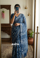 Indigo Blue-D3 - Pure Linen Cotton Saree with Silver Tissue Border - Perfect for Office Wear | Casual Wear | Summer