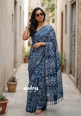 Indigo Blue-D4 - Pure Linen Cotton Saree with Silver Tissue Border - Perfect for Office Wear | Casual Wear | Summer
