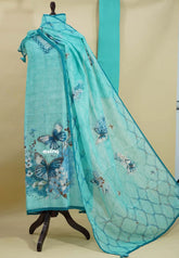 Amitha – Aqua Blue Pure Linen Salwar Suit with Butterfly Motif & Hand-Stitched Embroidery