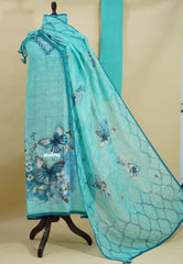 Amitha – Aqua Blue Pure Linen Salwar Suit with Butterfly Motif & Hand-Stitched Embroidery