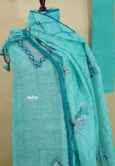 Amitha – Aqua Blue Pure Linen Salwar Suit with Butterfly Motif & Hand-Stitched Embroidery