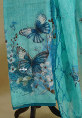 Amitha – Aqua Blue Pure Linen Salwar Suit with Butterfly Motif & Hand-Stitched Embroidery