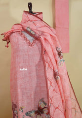 Amitha – Peach Pink Pure Linen Salwar Suit with Butterfly Motif & Hand-Stitched Embroidery