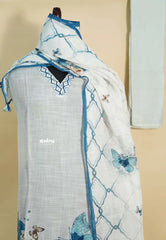 Amitha – Powder Blue White Pure Linen Salwar Suit with Butterfly Motif & Hand-Stitched Embroidery
