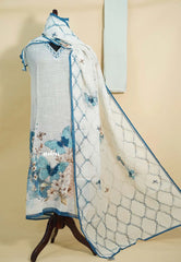 Amitha – Powder Blue White Pure Linen Salwar Suit with Butterfly Motif & Hand-Stitched Embroidery