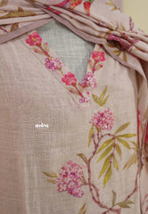Amitha – Earthen Pink Pure Linen Salwar Suit with Bird & Floral Digital Prints + Hand-Stitched Embroidery