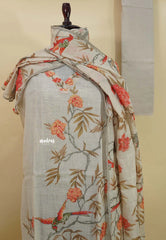 Amitha – Ivory Beige Pure Linen Salwar Suit with Bird & Floral Digital Prints + Hand-Stitched Embroidery