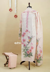 Amitha – Powder Pink Peach Pure Linen Salwar Suit with Humming Bird Prints + Hand-Stitched Embroidery
