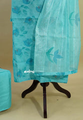 Amitha – Aqua Blue Pure Linen Salwar Suit with Leaf Prints and Hand Stiched Embroidery