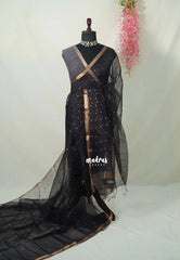 Jet Black - Handloom Pure Musliln Silk Saree with Sequence Weaving in the Body - With Silk Mark Certificate