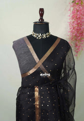 Jet Black - Handloom Pure Musliln Silk Saree with Sequence Weaving in the Body - With Silk Mark Certificate