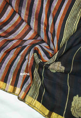 Organic linen black and lavender stripes Black pallu - Vanibhojan saree