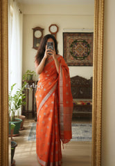 Rust Orange - Raaga - Semi Tussar with Antique Silver Border - Best for Small Functions