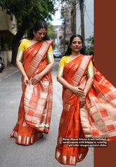 Dual Shade Rust Orange - Raaga Premium Semi tussar Zari Border with Square Box Buttas - Perfect for small functions | Temple visit