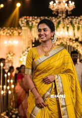 Greenish Yellow - Raaga - Semi Tussar Antique Silver Weaving Body with Small Border - Best for Small Functions