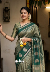 Golden Shade Emerald Green - Raaga - Semi Tussar Saree with Tissue Weaving Body - Best for Small Functions