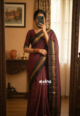 Dual Shade Wine-Maroon with Black - Raaga - Semi Tussar with Rudraksham Border - Best for Small Functions