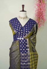Dual Shade Olive and Blue - Raaga - Semi tussar with Zari Border and 1000 Buttas - Best for Wedding Functions