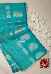 Teal Blue - Raaga Premium Semi tussar Checks Weaving with laksham Buttas Checks Body with Mango Border - Perfect for Festive Wear