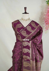 Dual shade Wine Purple - Raaga - Lightweight Semi Tussar Saree with Mango Border and Buttas - Best for Wedding Functions