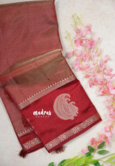 Golden Shade Reddish Maroon - Raaga - Semi Tussar Saree with Tissue Weaving Body - Best for Small Functions