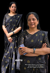Deep Black - Aathini - Tamizh Letters Handblock Printed Bamboo Cotton Double Blouse Combo