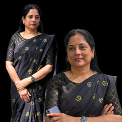 (PRE-BOOKING) Nightfall Black - Aathini - Tamizh Letters Handblock Printed Bamboo Cotton - Double Blouse Combo
