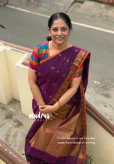 Royal Purple Korvai Silk Cotton Saree with Peacock Border & Traditional Buttas
