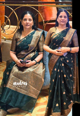 Midnight Emerald Green - Soft Organza Silk with Zari Weaving with Banarasi Antique Border - Best for wedding reception