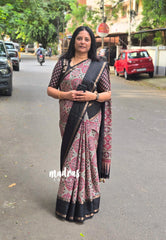 (PRE-BOOKING) Multicolor with Black - Premium Ajrakh Modal Style Printed Silk with Rettapet Rudraksham Border - Best for Small Funtions