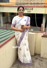 Frost White - Pragathi - Linen Cotton Saree with Flower Prints - Perfect for Office Wear | Summer wear | Casual Wear
