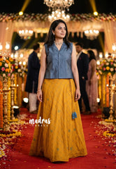 Grey with Mustard Yellow - Mamitha - Full flare cotton skirt with raw silk shirt combo
