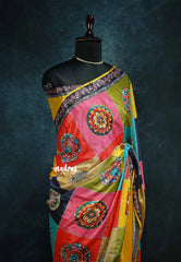 Multicolor with yellow - Mirror Work Chinon Silk Partly Pallu Saree with Rich Pallu