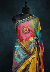 Multicolor with yellow - Mirror Work Chinon Silk Partly Pallu Saree with Rich Pallu