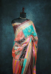 Multicolor with brown - Mirror Work Chinon Silk Partly Pallu Saree with Rich Pallu