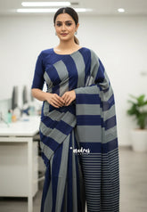 Leela soft khadi - Blue and grey big vertical stripes