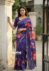 Violet Purple - Roopa - Lightweight Semi Tussar Floral Prints with Small Border - Best for Office Wear | Get together | Casual Wear