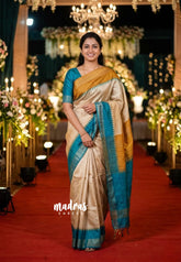 Sandal Beige with Blue - Roopa - Premium Chappa semi Tussar with Ganga Jamuna Border - Perfect for Small Functions
