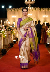 Sandal Beige with Purple - Roopa - Premium Chappa semi Tussar with Ganga Jamuna Border - Perfect for Small Functions