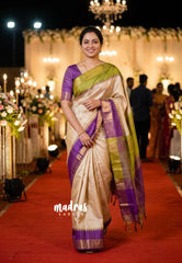 (PRE-BOOKING) Sandal Beige with Purple - Roopa - Premium Chappa semi Tussar with Ganga Jamuna Border - Perfect for Small Functions