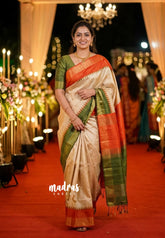 Sandal Beige with Green - Roopa - Premium Chappa semi Tussar with Ganga Jamuna Border - Perfect for Small Functions
