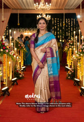 Sandal Beige with Wine Purple - Roopa - Premium Chappa semi Tussar with Ganga Jamuna Border - Perfect for Small Functions