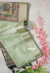 Muted Pista Green - Roopa - Premium Chappa semi Tussar with Kantha Stich Border - Perfect for Small Functions