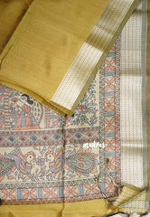 Muted Mustard - Roopa - Premium Chappa semi Tussar with Kantha Stich Border - Perfect for Small Functions