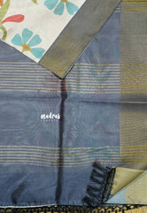 Halfwhite Grey border - Roopa - Premium Chappa semi tussar folk prints with tissue border