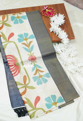 Halfwhite Grey border - Roopa - Premium Chappa semi tussar folk prints with tissue border